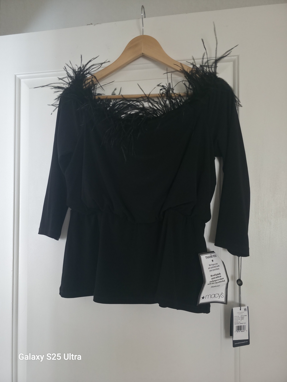 Adrianna Papell Black Feather-Trimmed Peasant Top